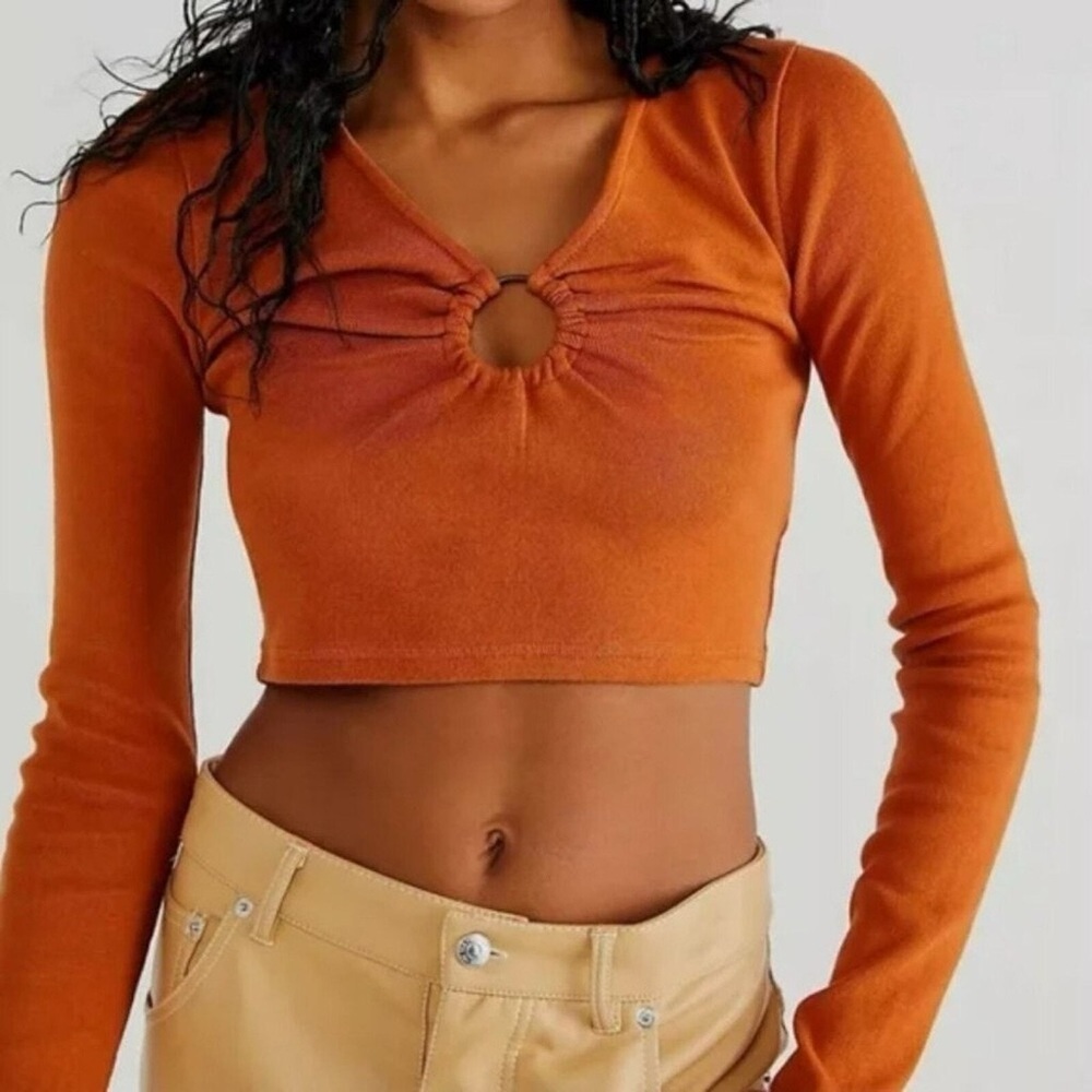 Free People Key To My Heart Scrunch Ring Long Sleeve Crop Top Orange Y2K Size S